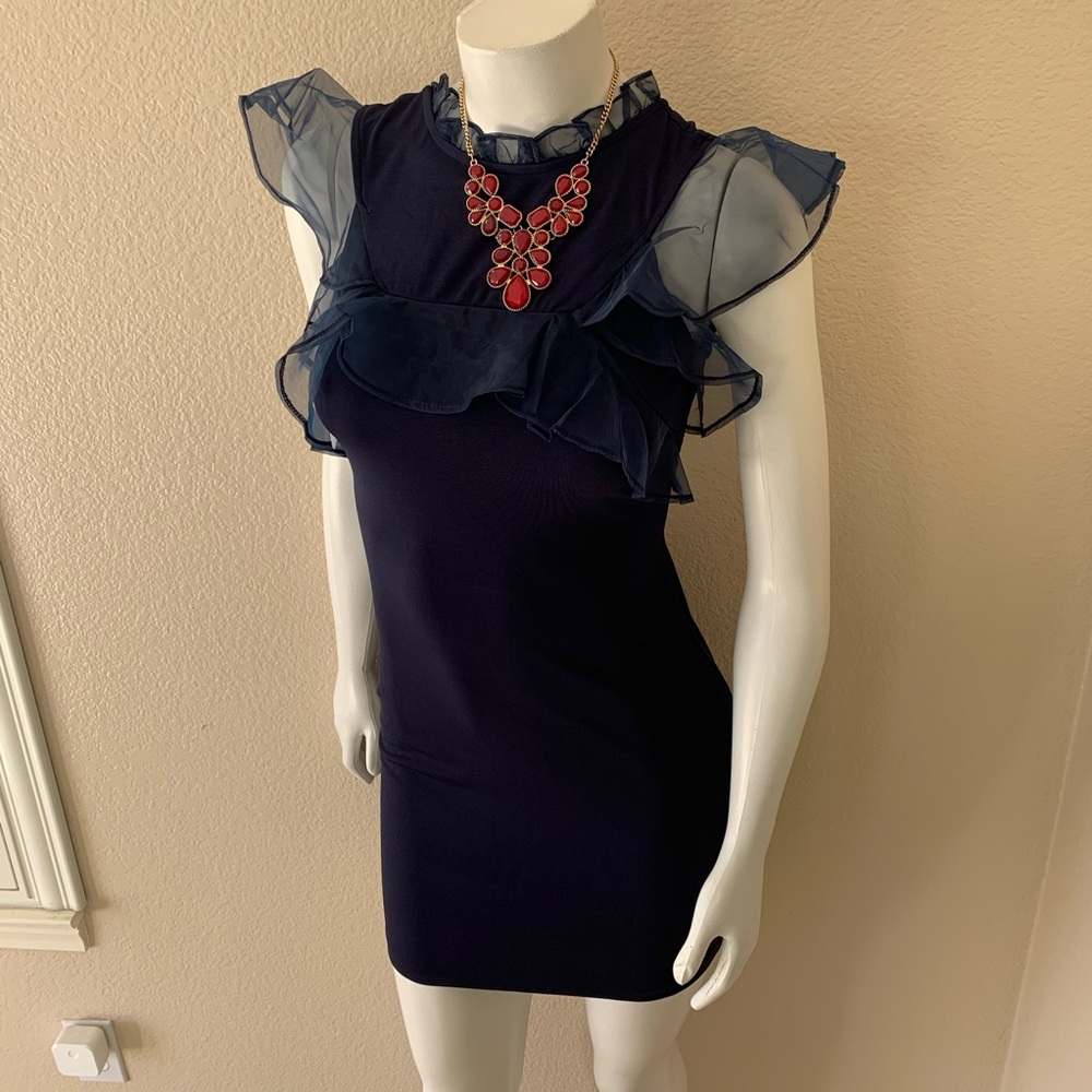 ❤️ Material Girl - Navy Ruffled High Neck Dress - Picture 5 of 8